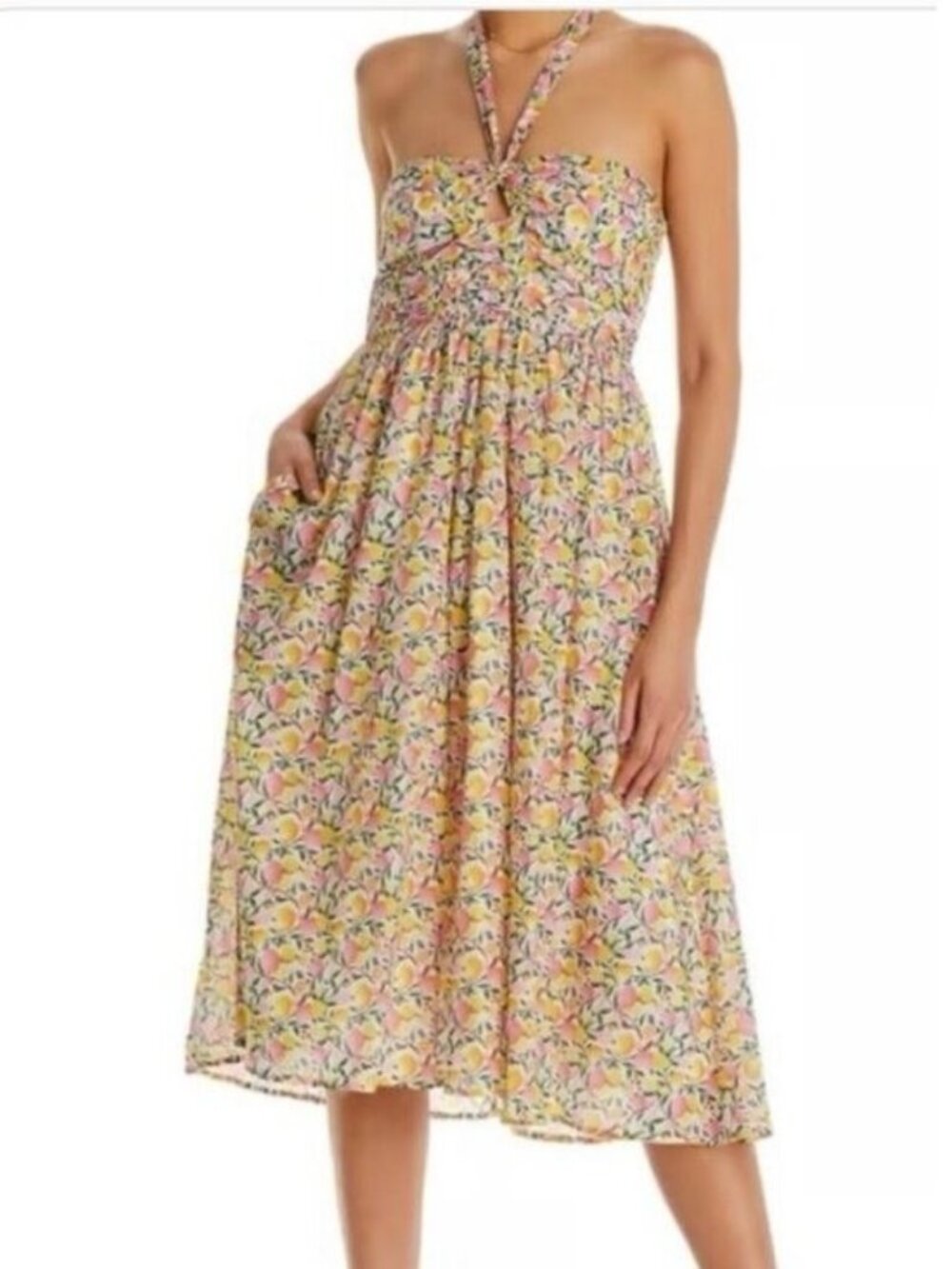 🛍 Aqua Lemon Print Halter Midi Dress Size L
